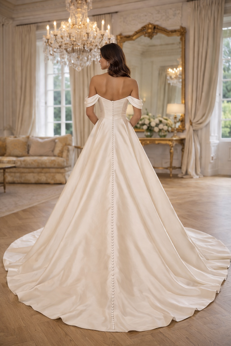 Thumbnail: UK Satin Wedding Dresses Slit Off Shoulder A-Line Bridal Gown Minimalist MD764