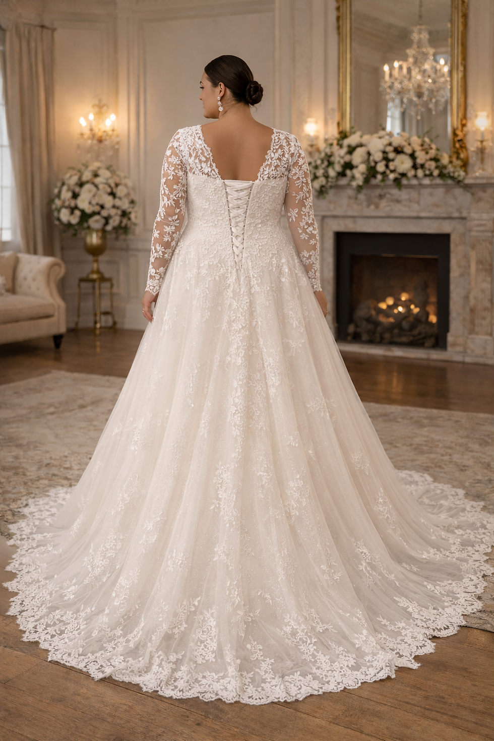 Thumbnail: UK Plus Size Long Sleeve Bridal Gown V Neck Lace A Line Wedding Dresses MD788