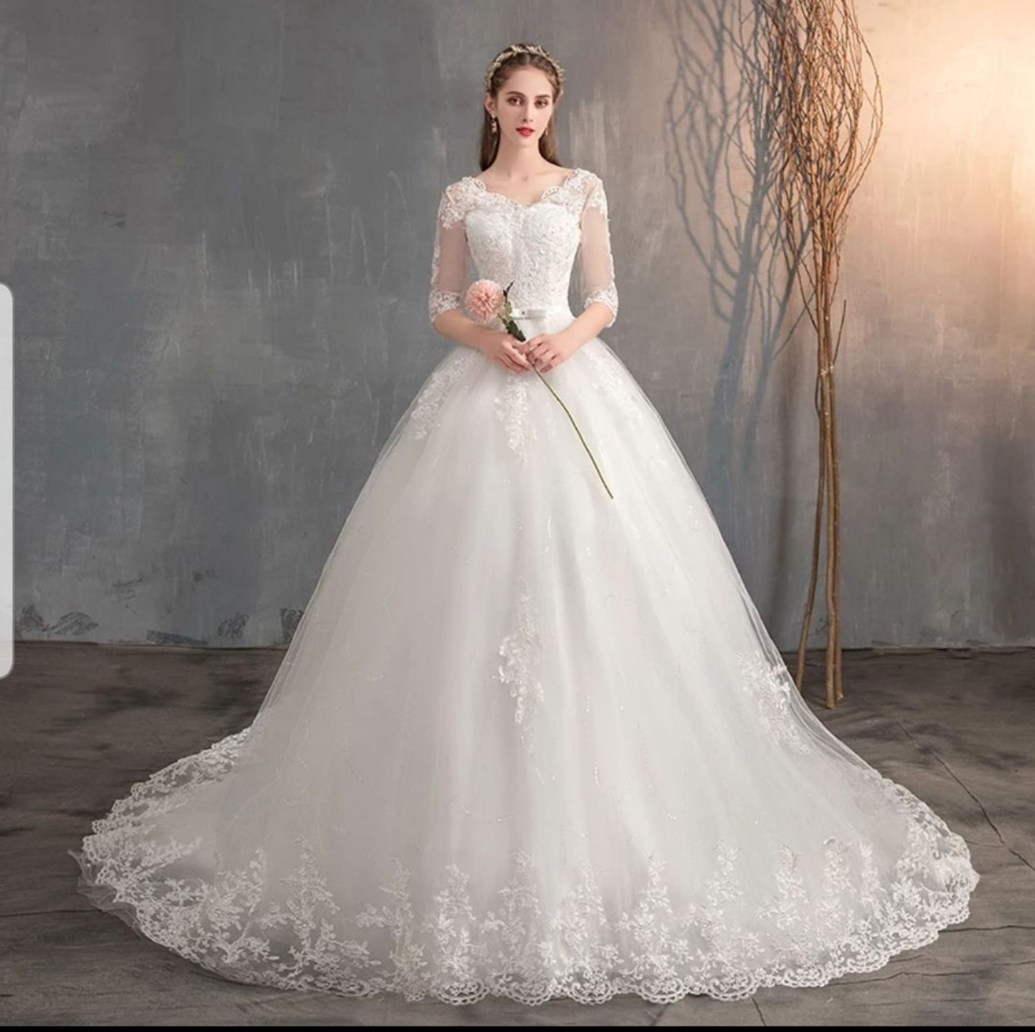 Simple A-Line Lace Tulle Beach Half Sleeve Wedding Dress MD335