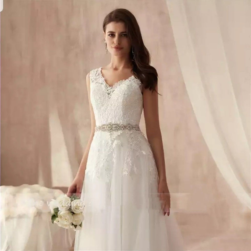 Thumbnail: Simple A-Line Sleeveless Lace Tulle V-Neck Beach Wedding Dresses MD300