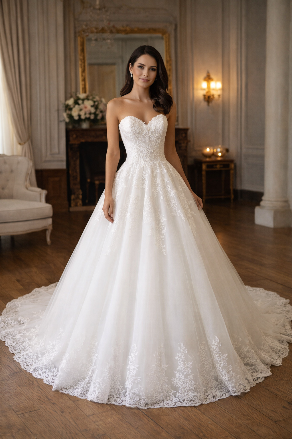 Luxury Strapless Bridal Lace A Line Sweetheart Ball Gown Wedding Dresses MD846