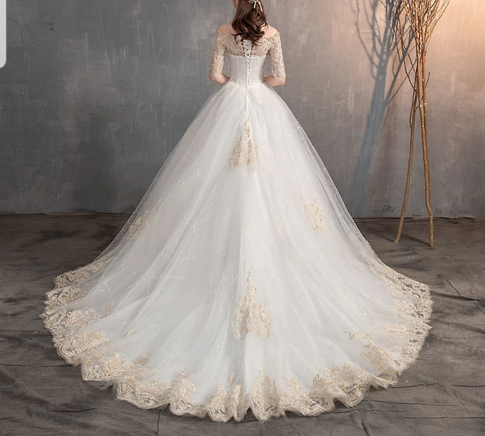 Thumbnail: Half Sleeve Gold Lace Sequins tulle A Line Off shoulder Wedding Dresses MD575