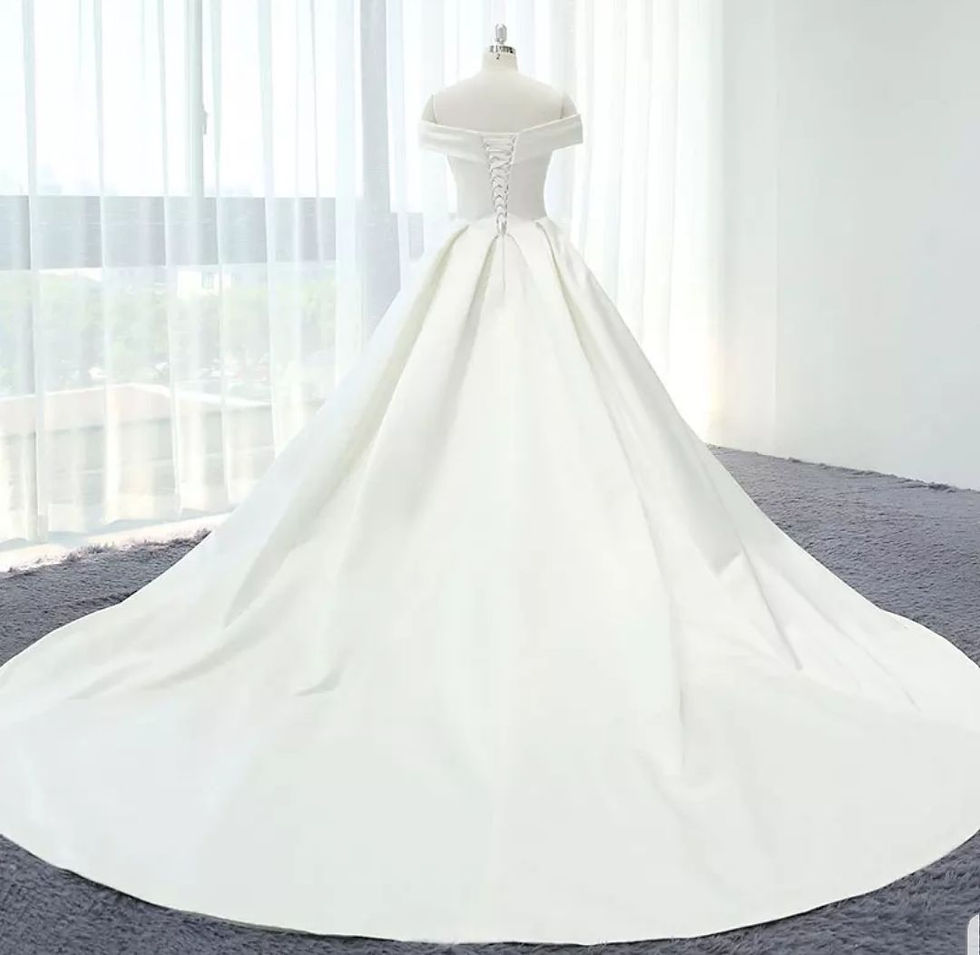 Thumbnail: Charming Off Shoulder Pleated Satin A Line Wedding Dress MD578