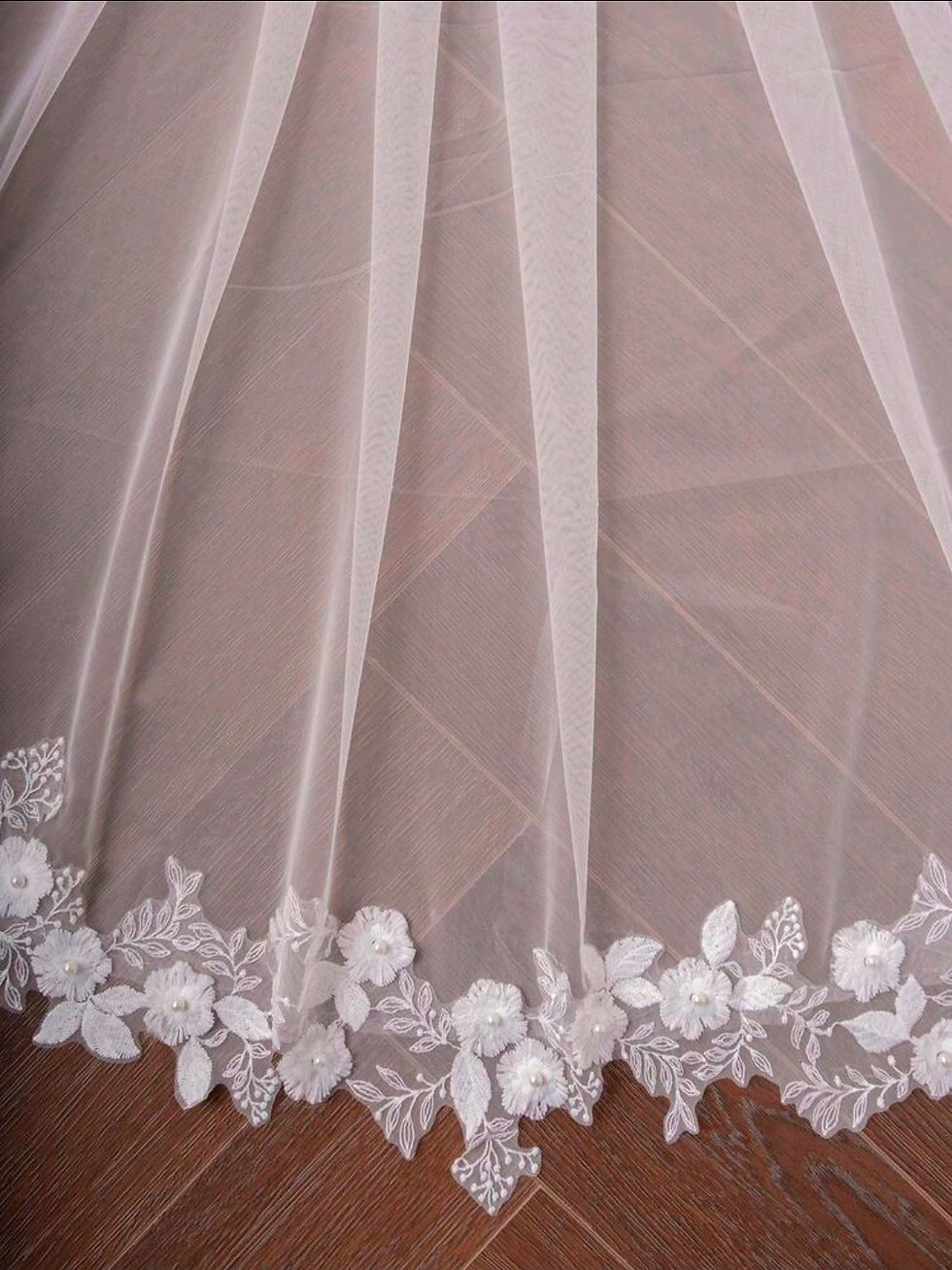 Thumbnail: UK 1M Fingertip Bridal Veil 3D Lace Pearls Wedding Veil 1 Tier With Comb MD582