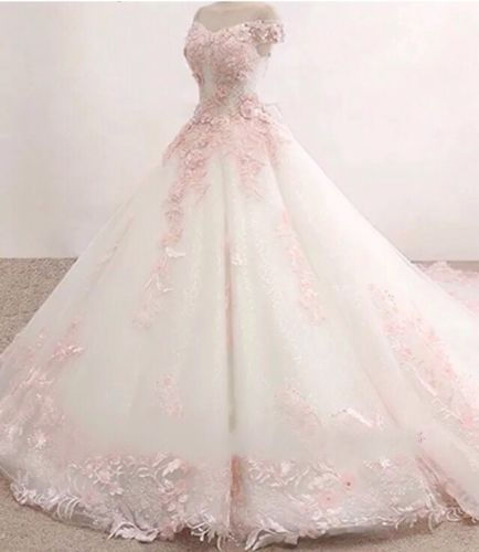 Thumbnail: Luxury Pink 3D Flower Lace Off Shoulder Ball Gown Wedding Bridal Dress MD240