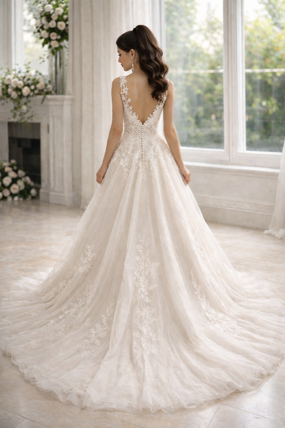 Thumbnail: UK Boho A-Line Wedding Dress Modern Sleeveless Lace Backless Bridal Gown MD740 