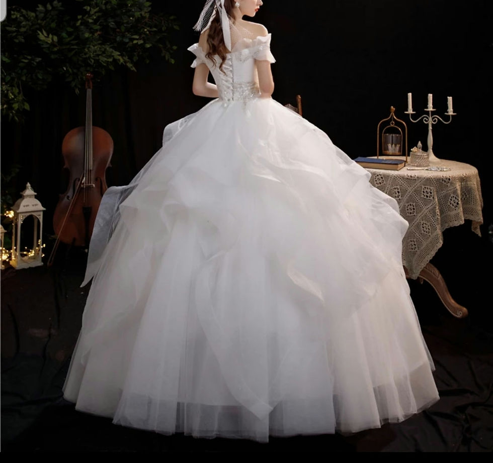 Thumbnail: Floor Length Lace Off Shoulder Ball Gown Ruffled Corset Back Wedding Dress MD742