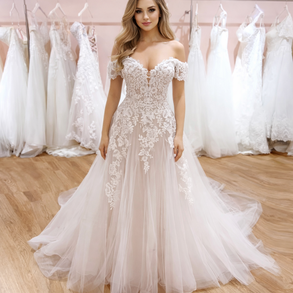 UK Champgne Sweetheart Bridal Lace A Line Off Shoulder Wedding Dresses MD848