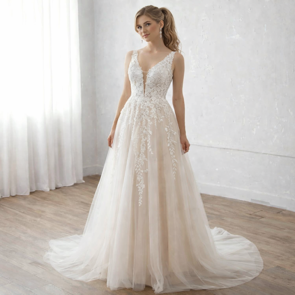 Champagne Sleeveless Bridal Lace V Neck A Line Plus Size Wedding Dress MD824