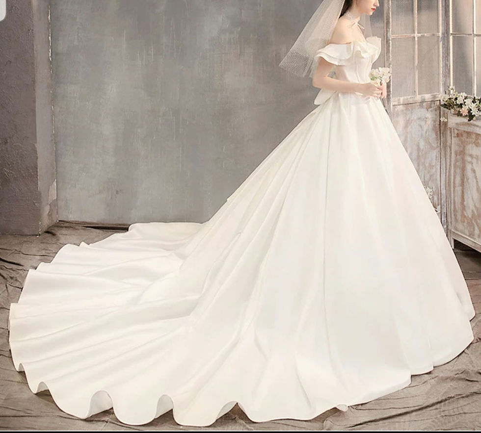 Thumbnail: Chic Off Shoulder Bridal Satin A Line Bow Flare Sleeves Wedding Dresses MD670