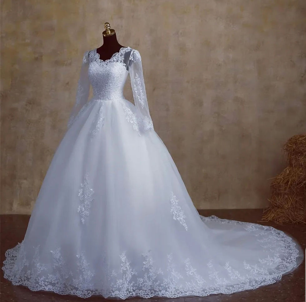 Thumbnail: UK Affordable Long Sleeve Bridal V Neck Lace A Line Millian Wedding Dress MD567