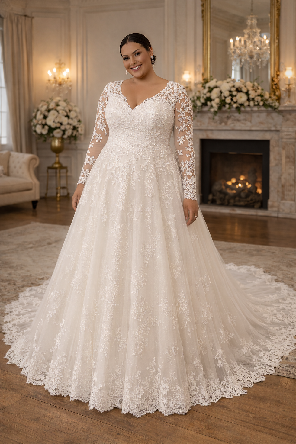 Thumbnail: UK Plus Size Long Sleeve Bridal Gown V Neck Lace A Line Wedding Dresses MD788