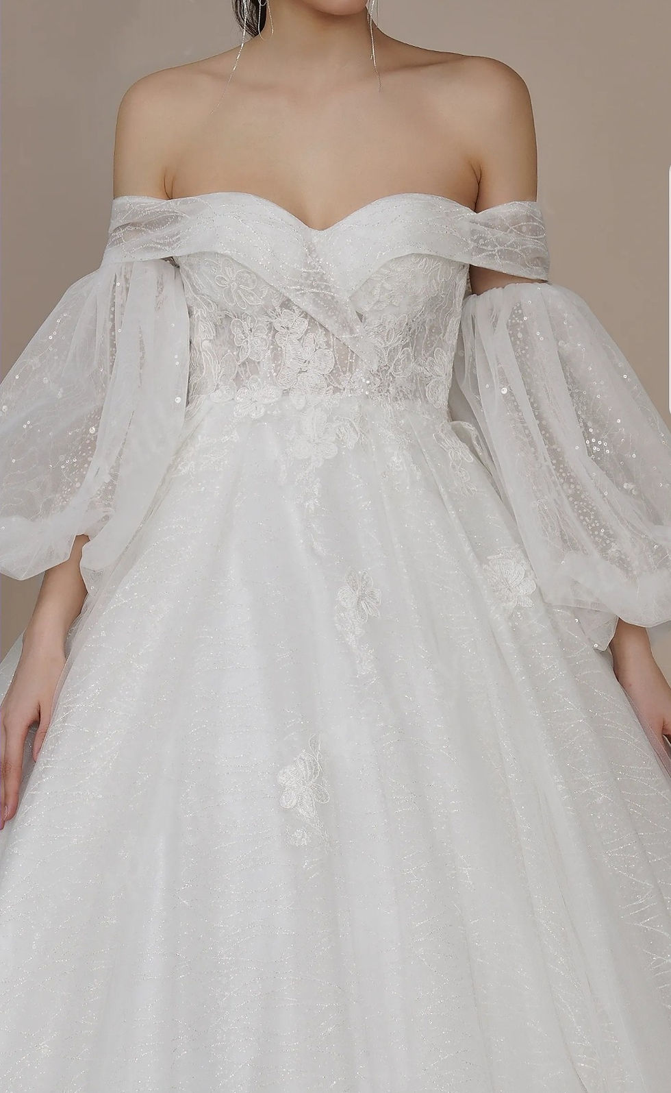 Thumbnail: Glitter Off Shoulder Bridal Gown Detachable Sleeves Sequins Wedding Dress MD836