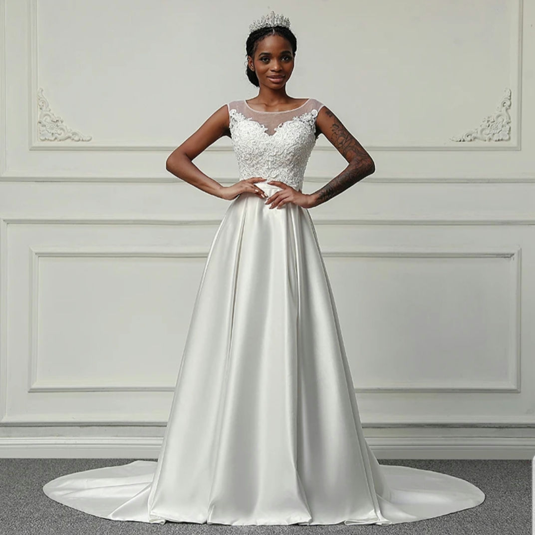 UK Cap Sleeve Lace A Line Bridal Satin Affordable Wedding Dresses Millian MD842 