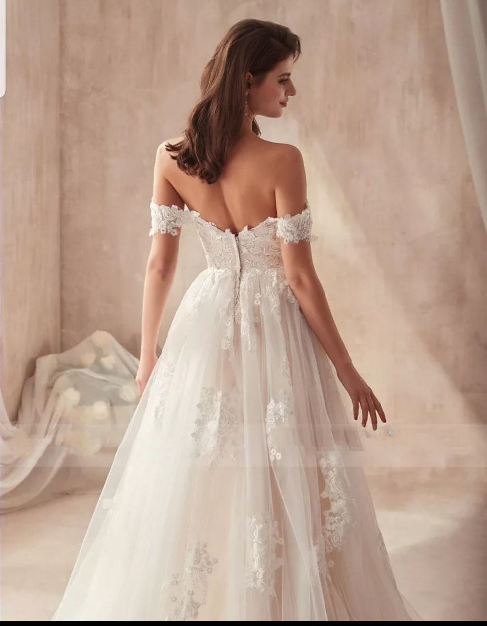 Thumbnail:  Gorgeous A Line Champagne Lace Off Shoulder Beach Wedding Dresses MD387