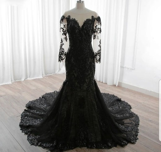knee length dresses for ladies Hellymoon Women Sparkly Black Chapel Train Lace Wedding Dress Long Sleeves  A-Line Bridal Dress – hellymoonuk main image 0