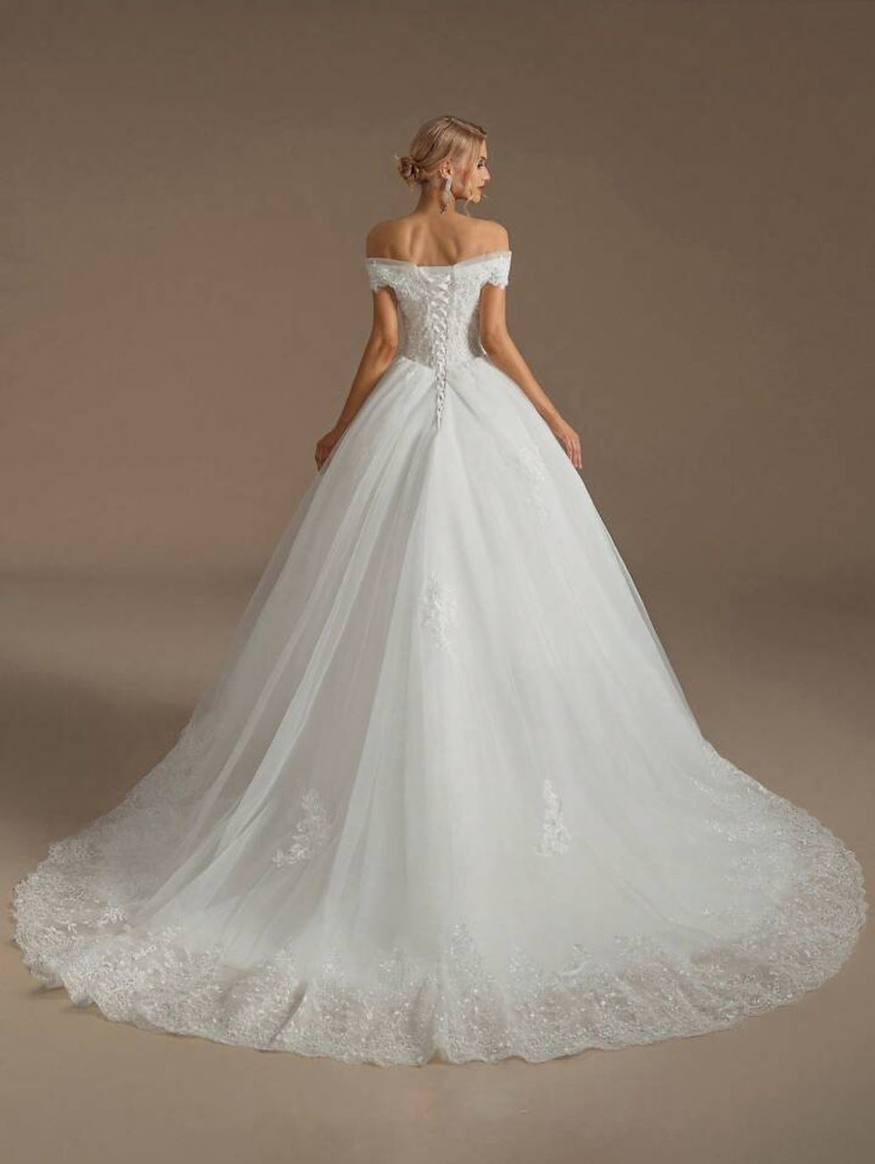 Thumbnail: Beautiful Short Sleeve Beaded Lace Off shoulder A Line  Wedding Dresses MD600