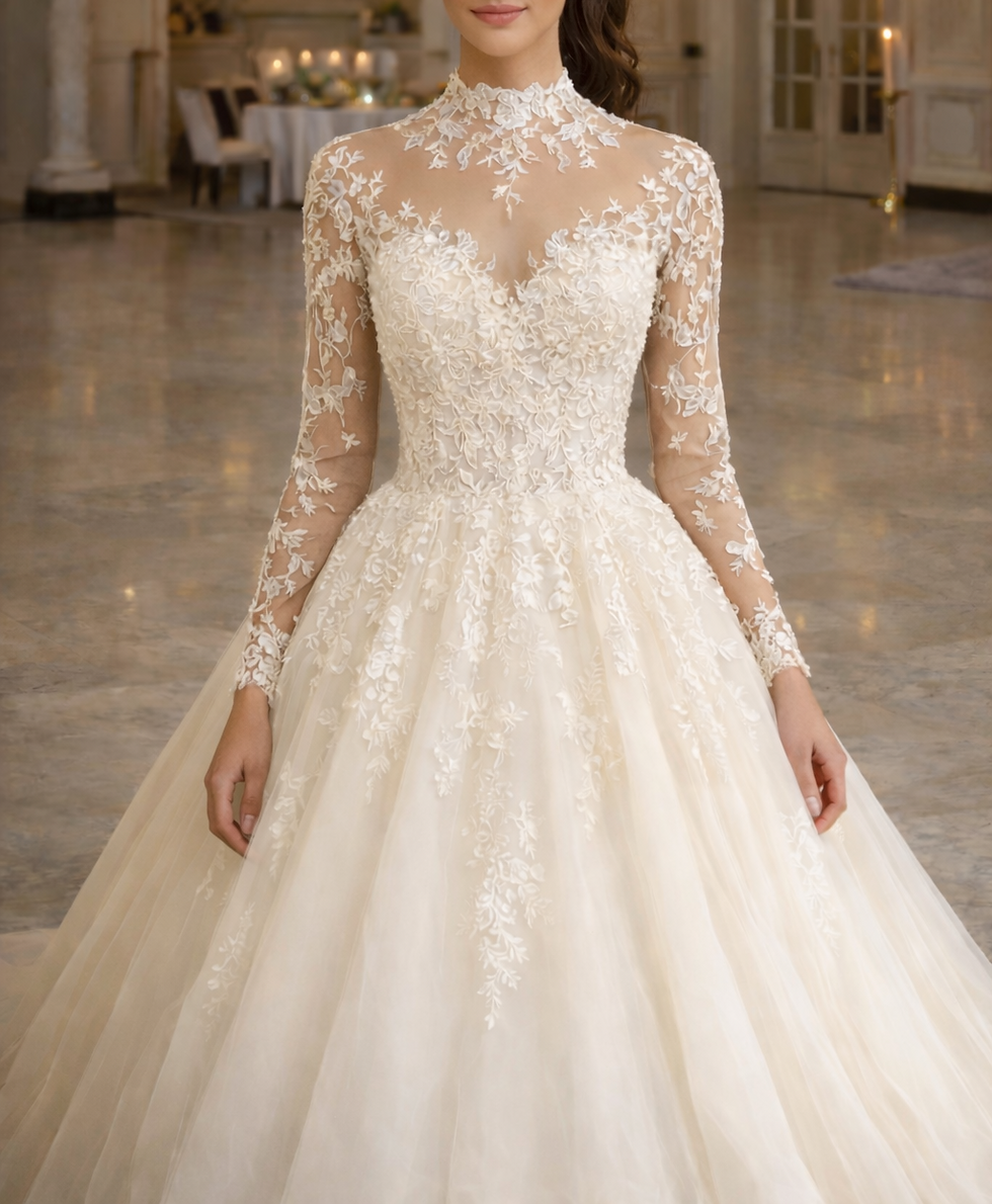 Thumbnail: UK High Neck Wedding Dresses Long Sleeves Beaded Lace A Line Bridal Gown MD861