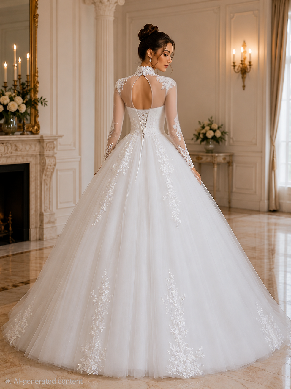 Thumbnail: Floor Length Wedding Dress Long Sleeve Beaded A Line High Neck Bridal Gown MD206