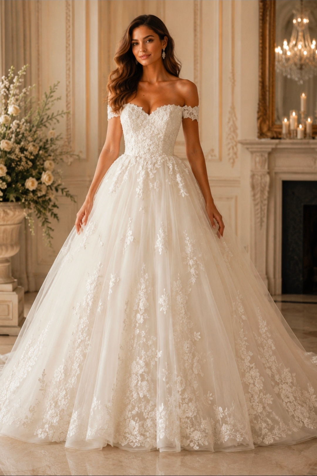 Gorgeous Off Shoulder Beaded Lace A Line Wedding Dresses MD614