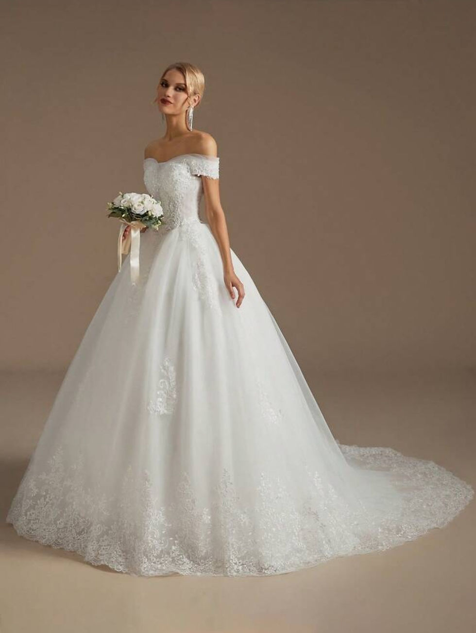 Thumbnail: Beautiful Short Sleeve Beaded Lace Off shoulder A Line  Wedding Dresses MD600