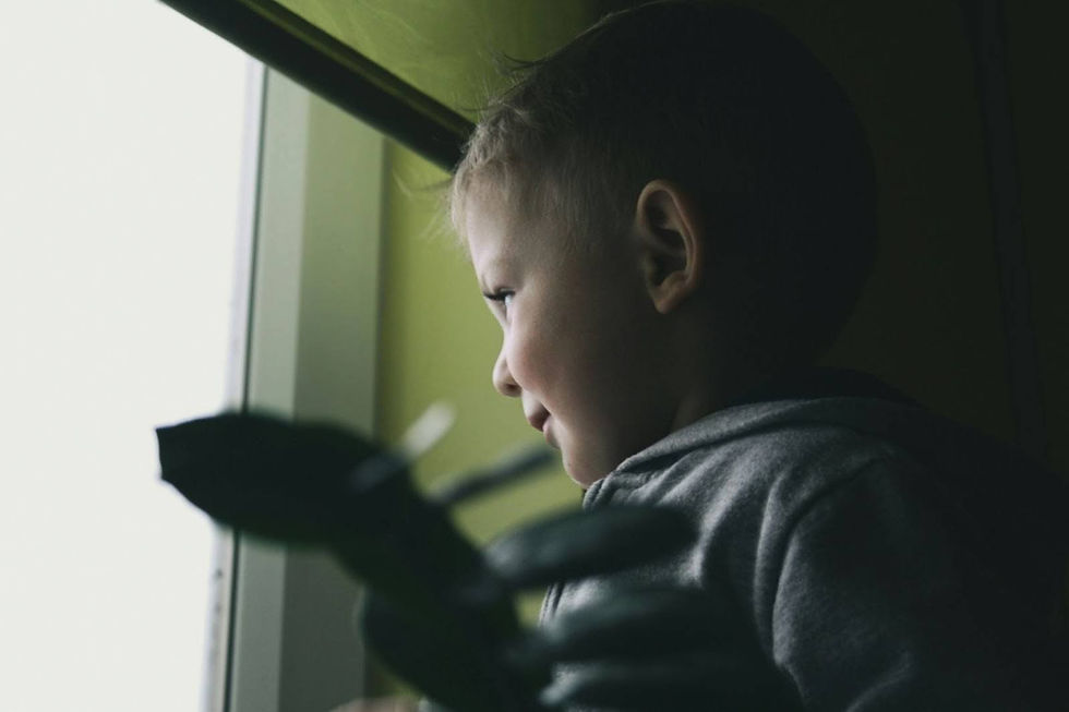 Child in a gray hoodie looks out a window with soft light illuminating their face. Green plant in foreground; mood is peaceful and contemplative.