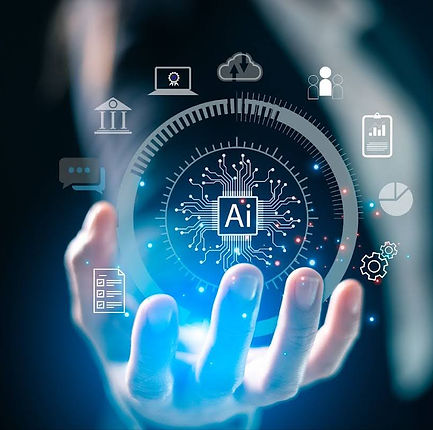 A modern office scene featuring a team collaborating with AI tools, highlighting technology's role in business innovation.