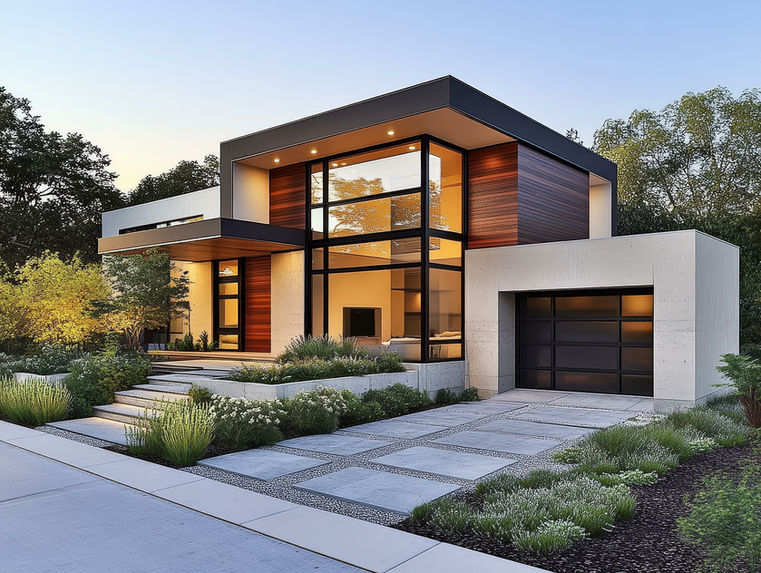 Bild: Modernes Flachdachhaus mit Glasfront, Holz- und Betonfassade und Garage