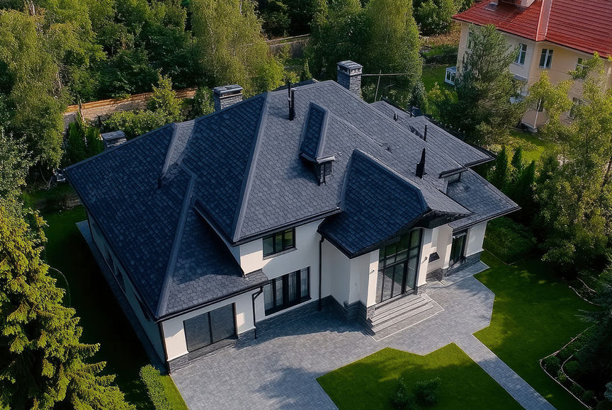 Bild: Großes modernes Haus mit dunkelgrauem Schindeldach, hellem Putz und Garten, umgeben von Bäumen