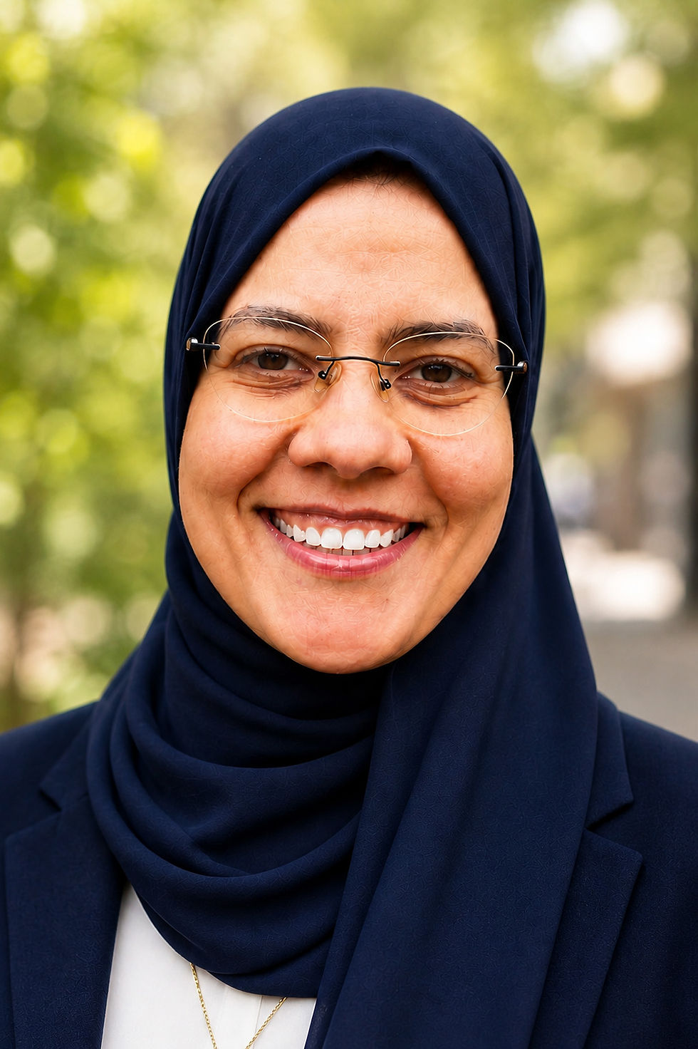 Lachende Frau mit Hijab und Brille