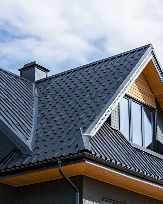 Bild: Modernes Haus mit schwarzem Blechdach und Holzdetails unter leicht bewölktem Himmel