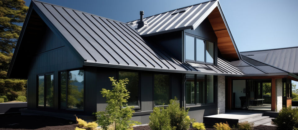 Modernes Wohnhaus mit schwarzem Metalldach, großen Fenstern und gepflegtem Vorgarten bei Sonnenschein