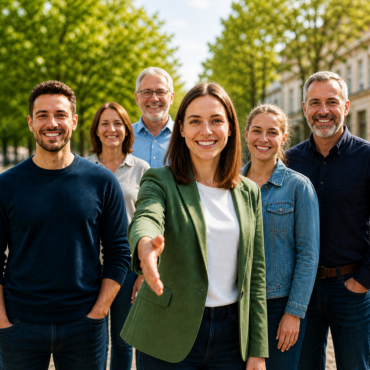Engagierte Bürgergruppe im Freien, zentrale Person lädt zum Gespräch ein