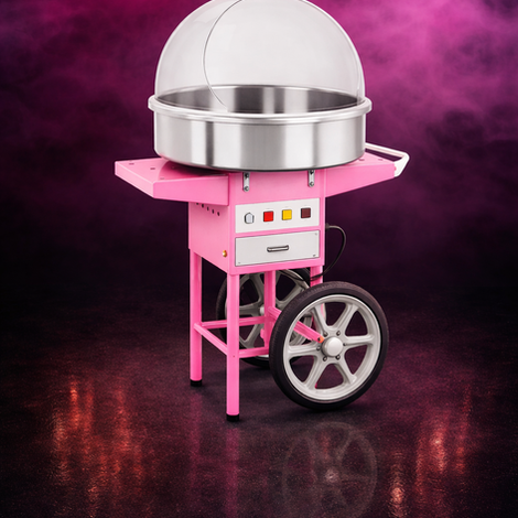 Pinke Zuckerwattemaschine auf Rädern