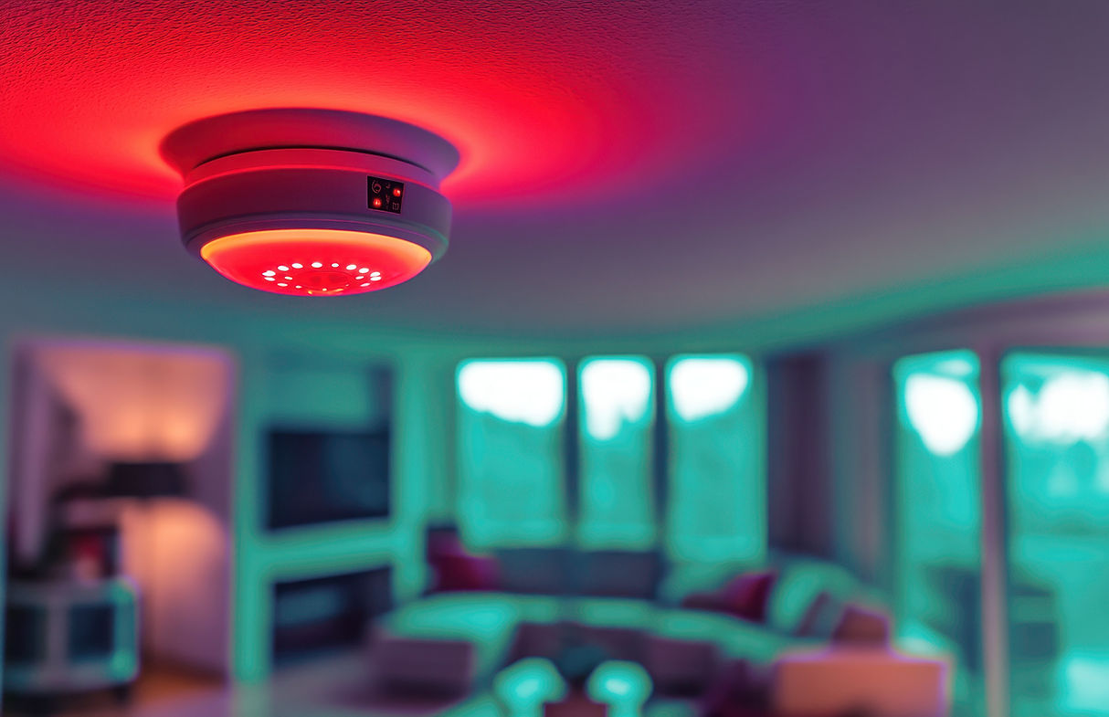 Aktivierter Rauchmelder mit rotem Lichtsignal an der Decke eines modernen Wohnzimmers
