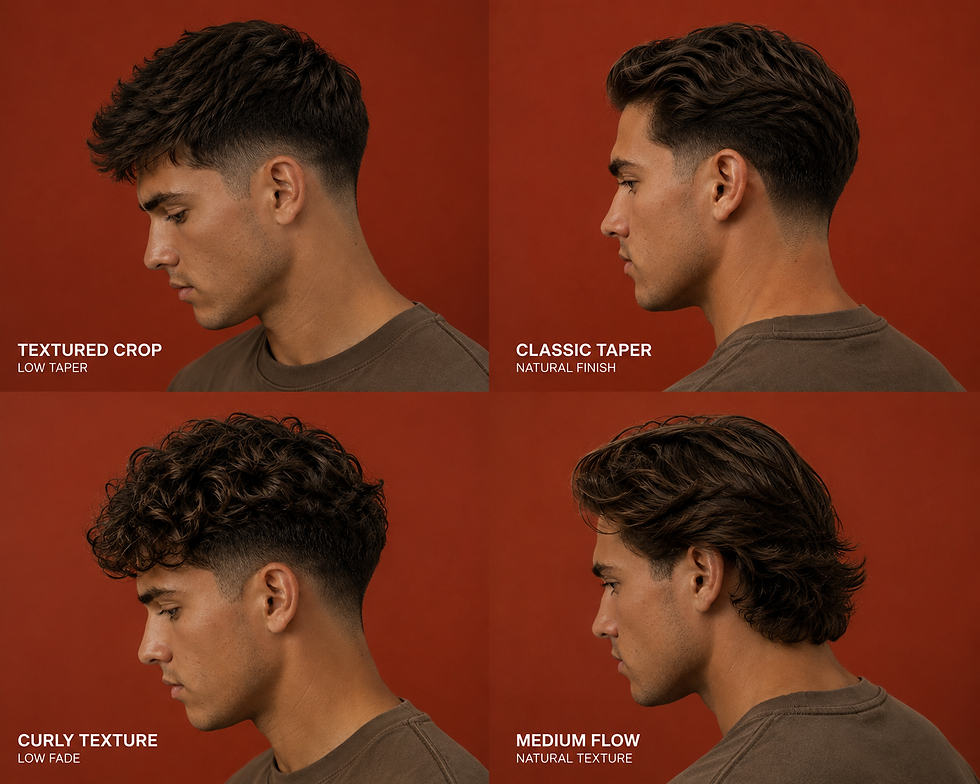 Four men's haircut styles including a textured crop, classic taper, curly taper, and medium-length flow at Freebird Barbershop in Pacific Beach, San Diego.