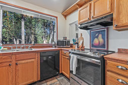 kitchen with oven, dishwasher, and large windows
