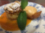 Warm apple charlotte with apricot sorbet and coulis