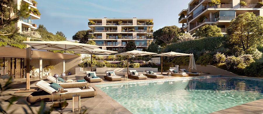 Luxuriöser Poolbereich mit Liegestühlen und modernen Gebäuden, umgeben von Natur.