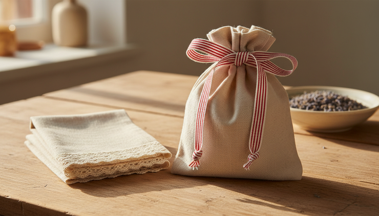 Eye-level view of a handmade fabric gift bag tied with striped ribbon on a kitchen table.