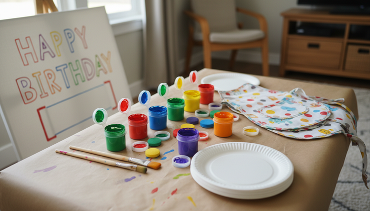 Close-up of colourful paint pots and children’s brushes on a covered party table.