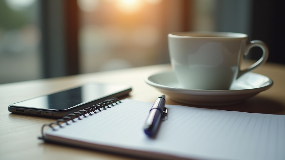 Close-up view of a notebook and pen beside a cup of coffee on a desk