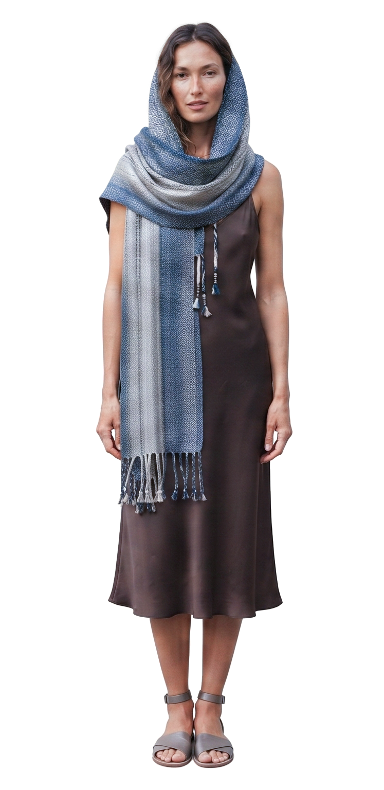 Model wearing a handwoven garment by The Oregon Weaver