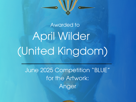 Certificate with a blue background awarded to April Wilder for the artwork "Anger" in June 2025. Lumen Art Gallery logo present.