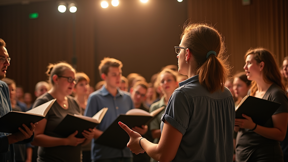 Eye-level view of a choir rehearsal in a community hall