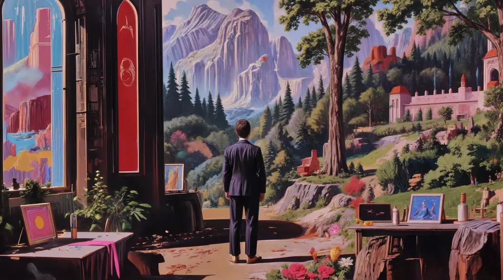 A digital artist standing in a fantastical, AI-generated landscape on a deserted set. The once-active production space is now filled with digital environments, showcasing the fusion of art and AI.