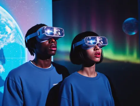 Two people wearing VR headsets, standing against a futuristic, space-themed background with planets and astronauts, symbolizing virtual reality exploration and futuristic technology.
