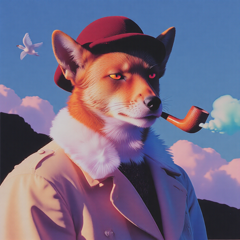 A stylized anthropomorphic dog dressed as a detective, wearing a trench coat, hat, and smoking a pipe. The character evokes a reimagined version of Sherlock Hound from Miyazaki’s classic series.
