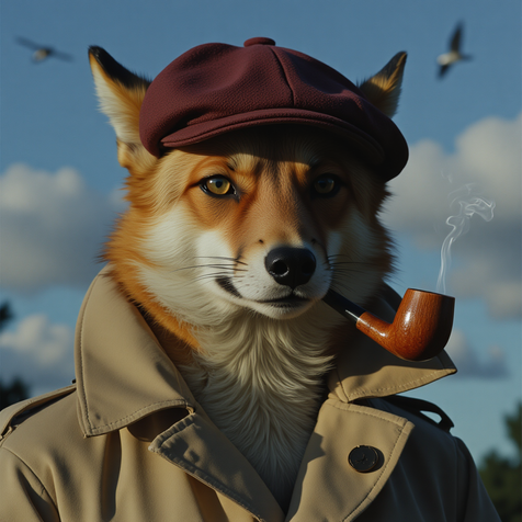 A stylized anthropomorphic dog dressed as a detective, wearing a trench coat, hat, and smoking a pipe. The character evokes a reimagined version of Sherlock Hound from Miyazaki’s classic series.
