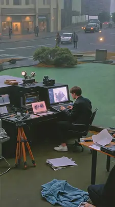 A film set rendered empty, with computers and creative equipment left unused. The scene reflects the shift to AI-generated content, leaving the traditional production tools abandoned while the digital artist continues working remotely.
